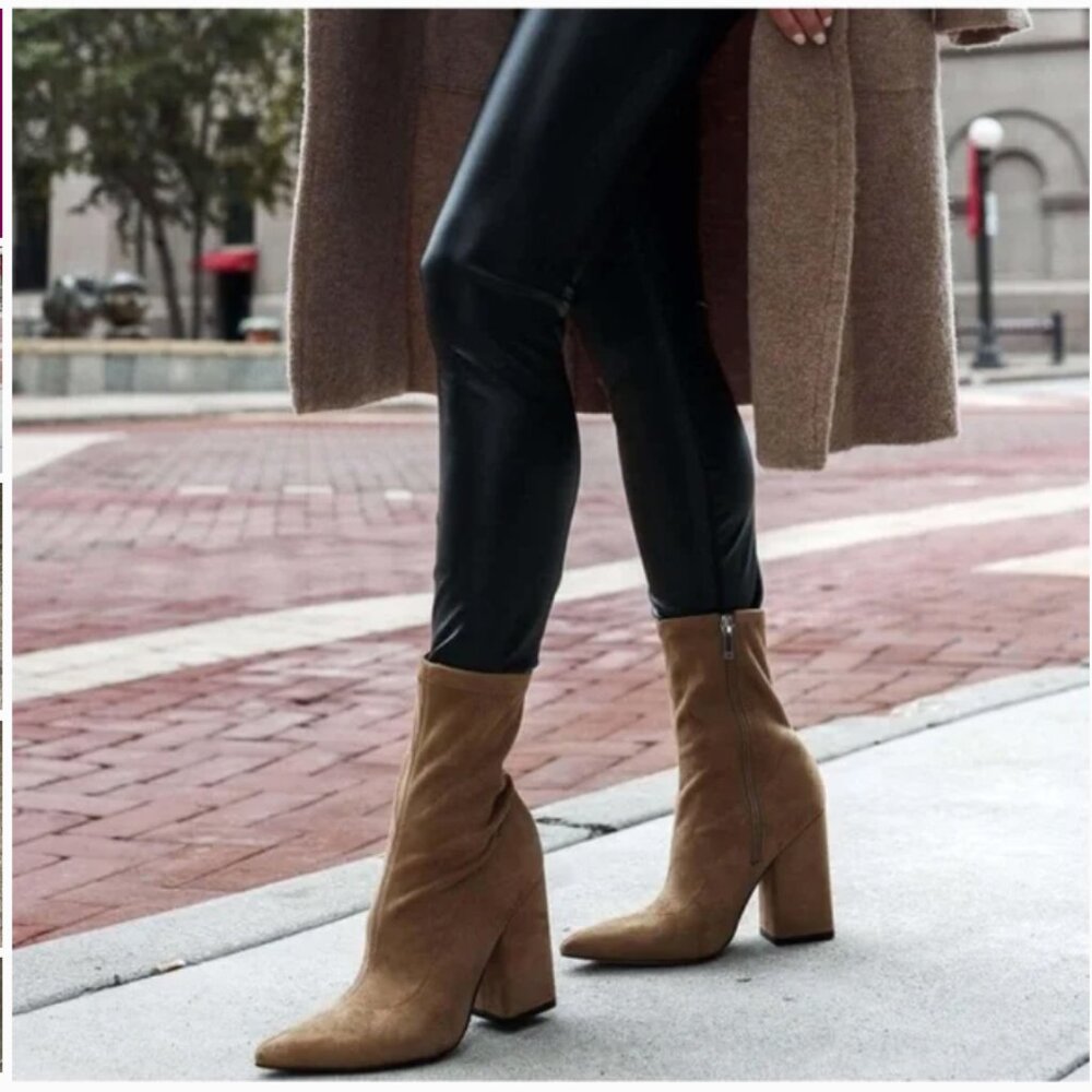 Marc Fisher Tan Larry Pointed Ankle Boots Women 10 Zipper Block Heel Faux Suede